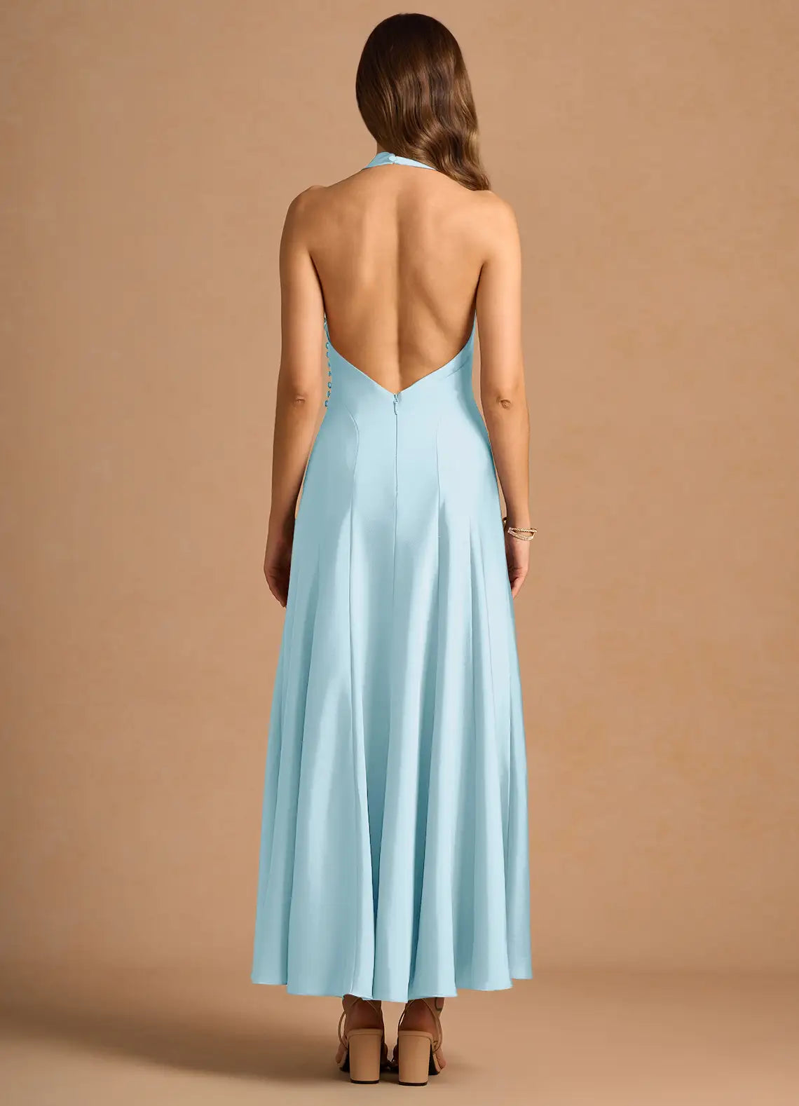 Robe Weitese simple, col haut, sans manches, dos nu, plissée, coupe trapèze, robe de soirée, longueur thé, robe de bal